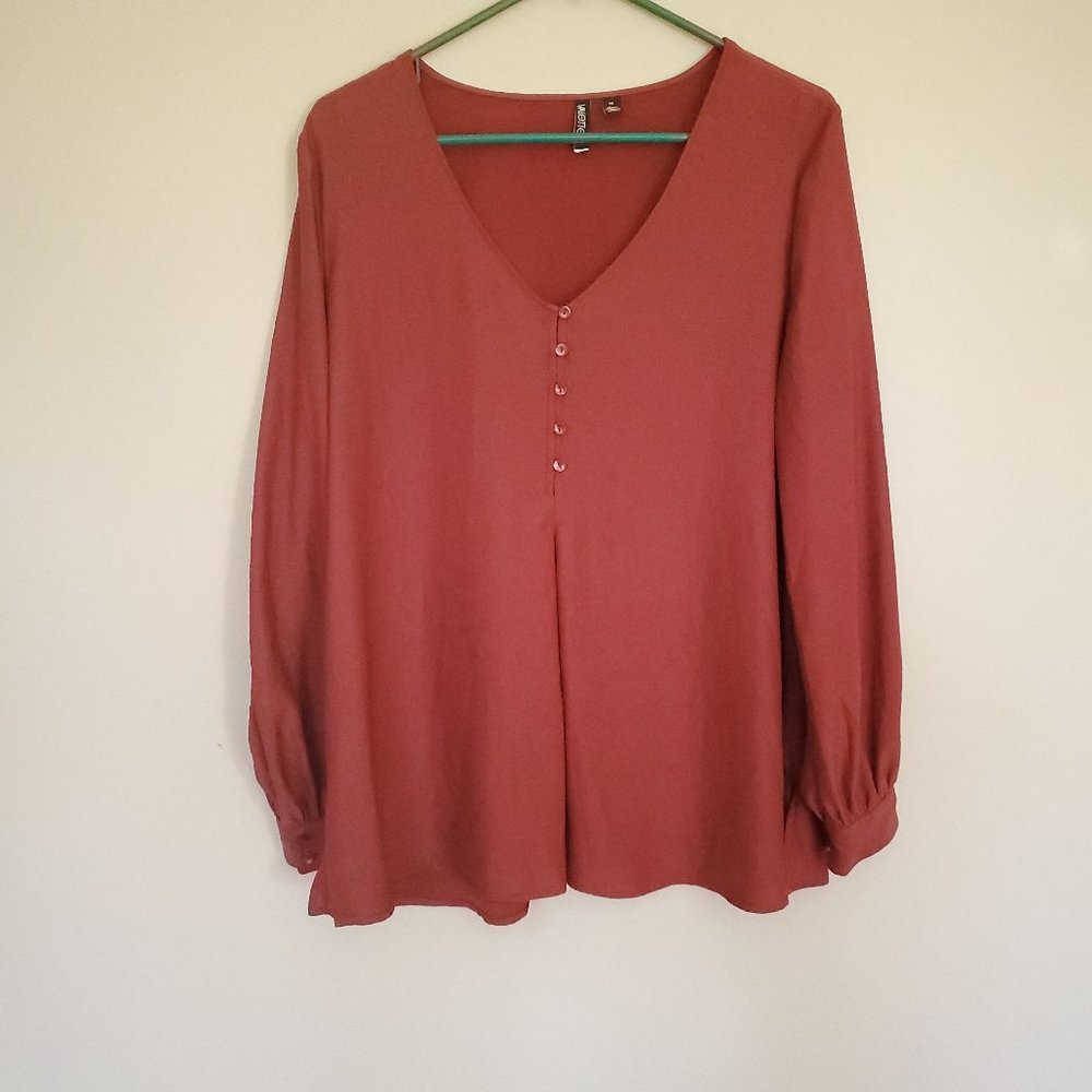 Valette marsala red satin look v neck blouse M